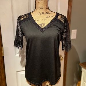 Black lace vneck top NEW
